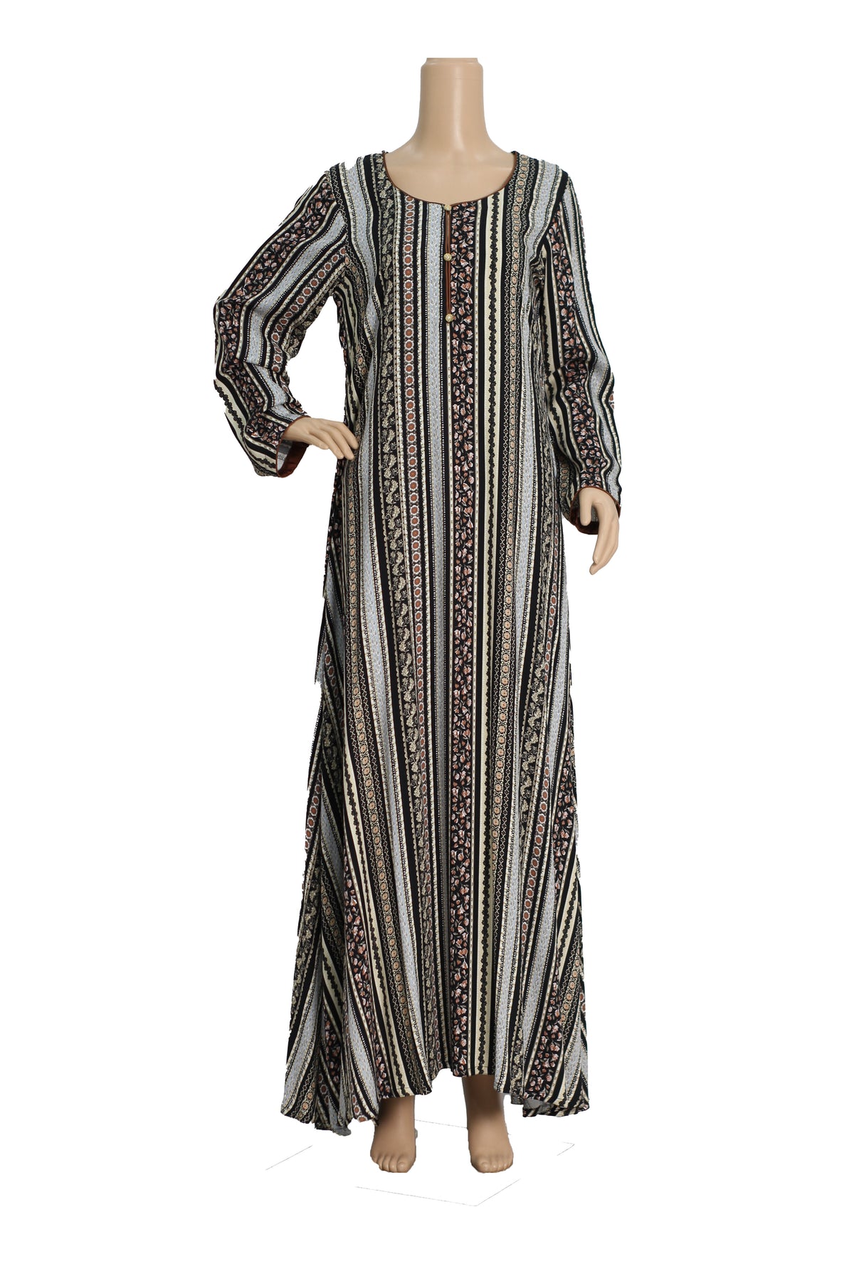 Cream and Black Stripe Print Georgette Maxi Dress KF-422