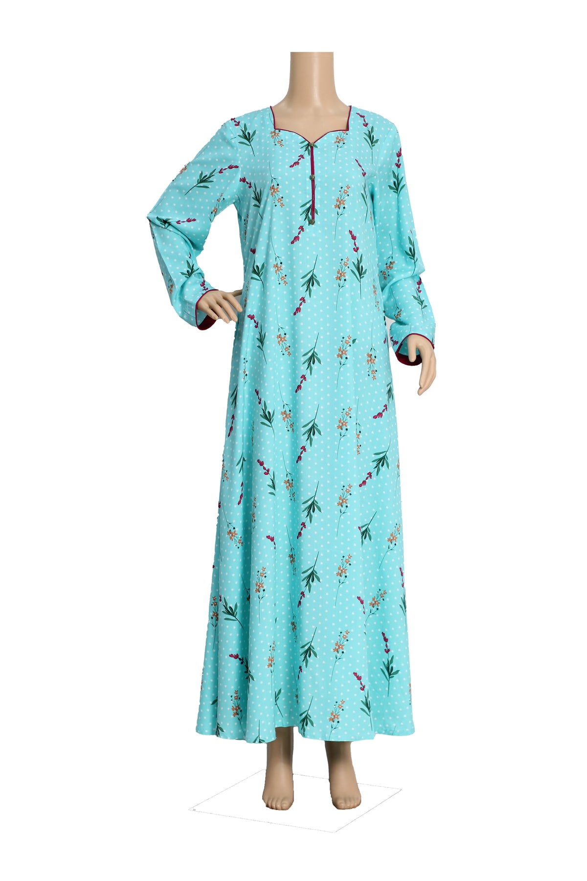 Aqua Floral Sprig Print Linen Maxi Dress KF-470