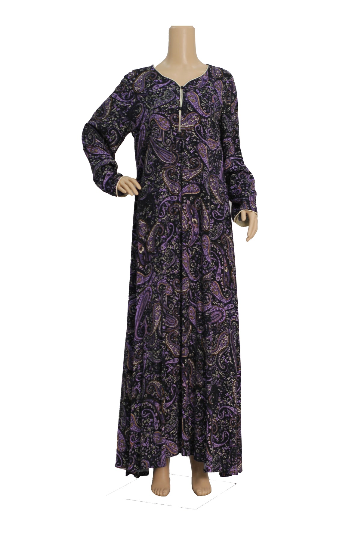 Purple and Black Paisley Print Linen Maxi Dress KF-960