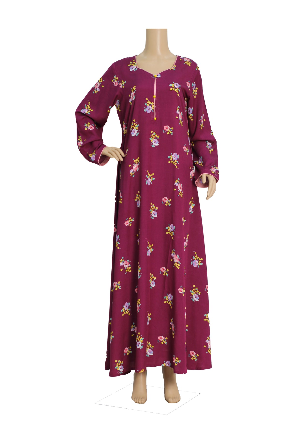 Magenta Floral Bouquet Print Linen Maxi Dress KF-441