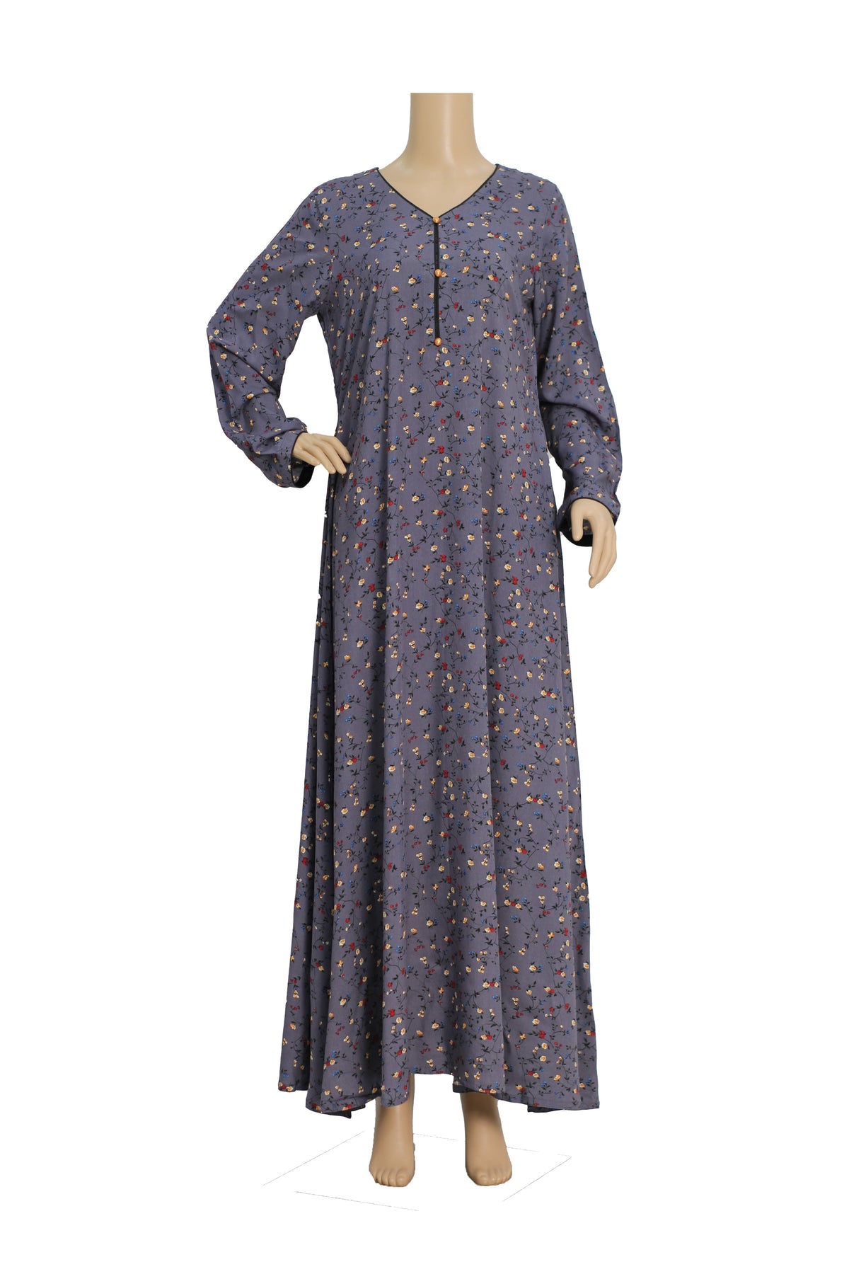 Slate Grey Ditsy Floral Print Linen Maxi Dress KF-457