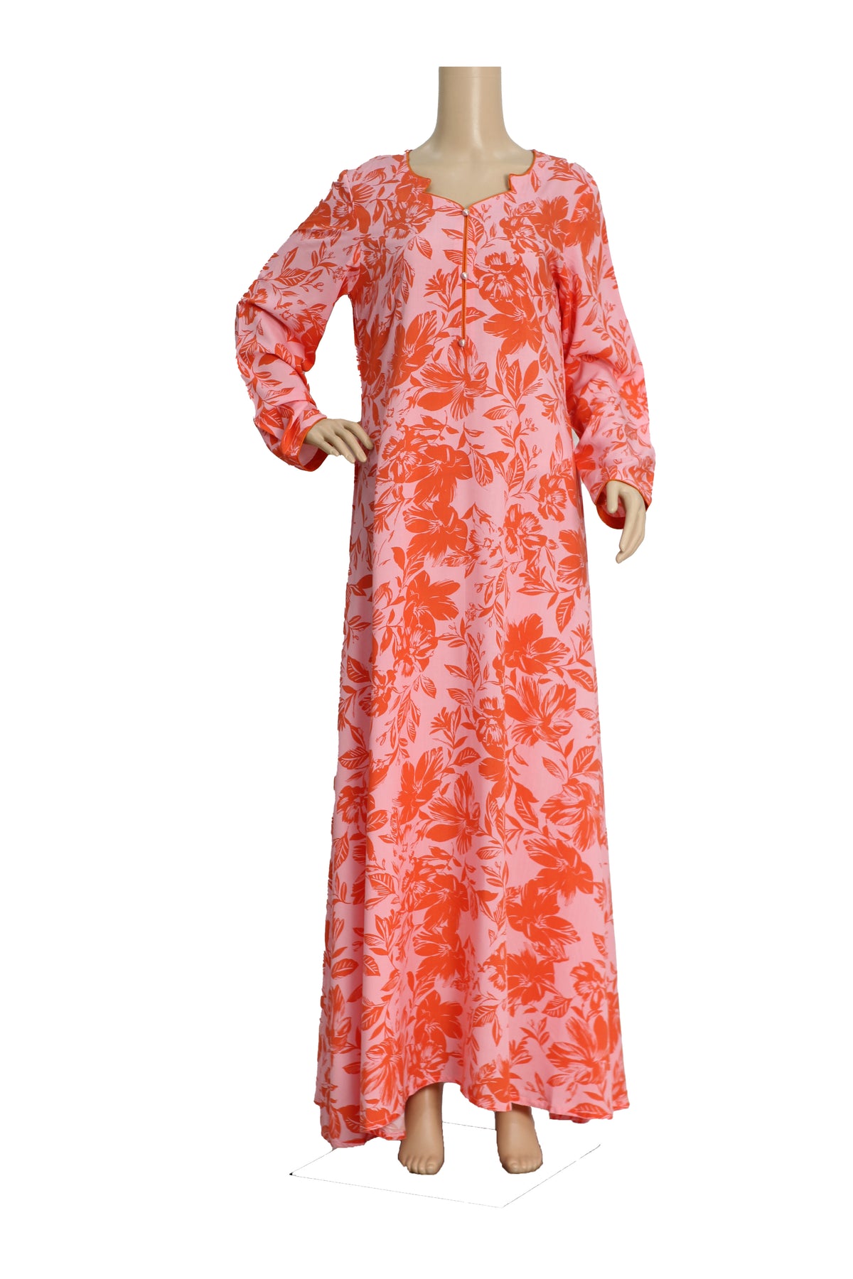 Coral Floral Print Linen Maxi Dress KF-460