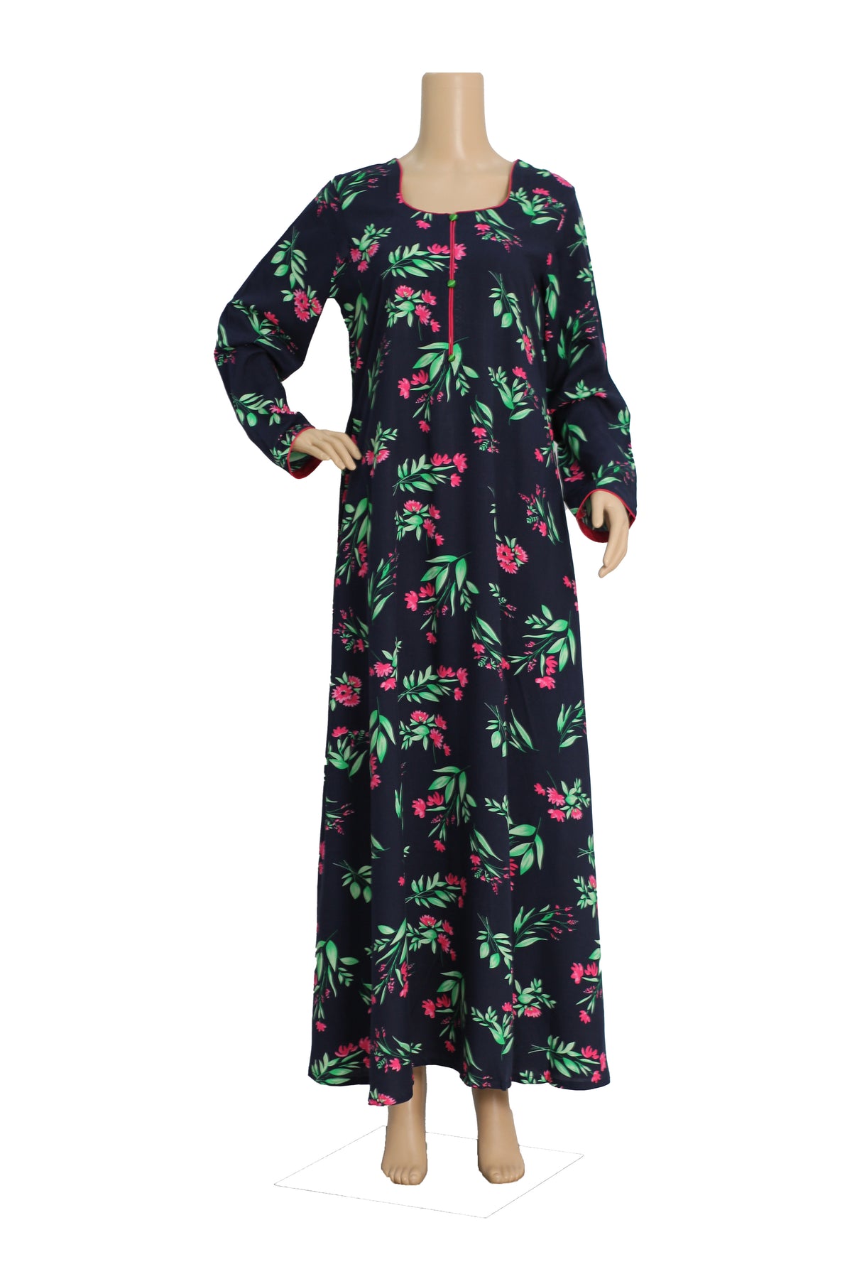 Navy Floral Print Linen Maxi Dress with Pink Blossom KF-980
