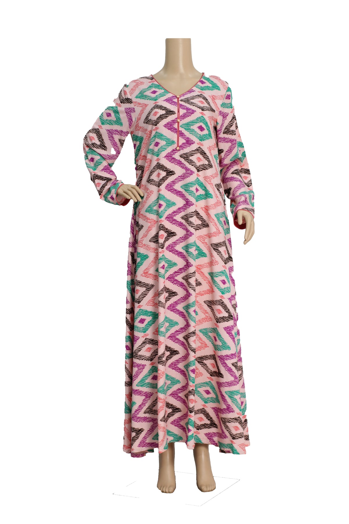 Pink Ikat Diamond Print Linen Maxi Dress KF-426