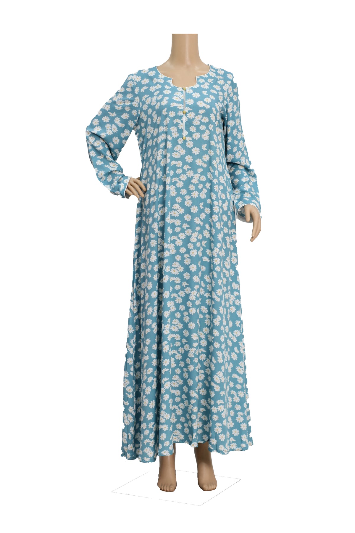Turquoise Daisy Print Linen Maxi Dress KF-405