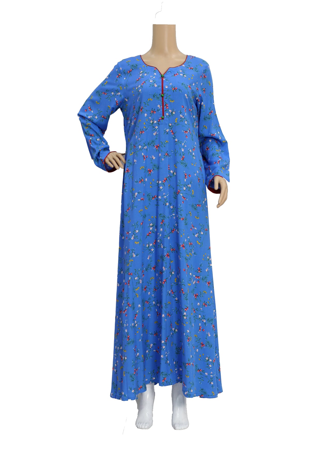 Bright Blue Floral Print Linen Maxi Dress KF-1040