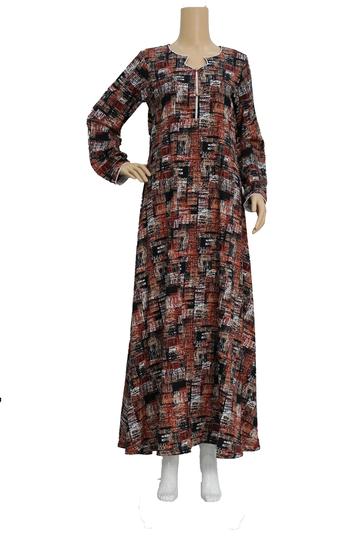 Rust and Black Abstract Print Linen Maxi Dress KF-373