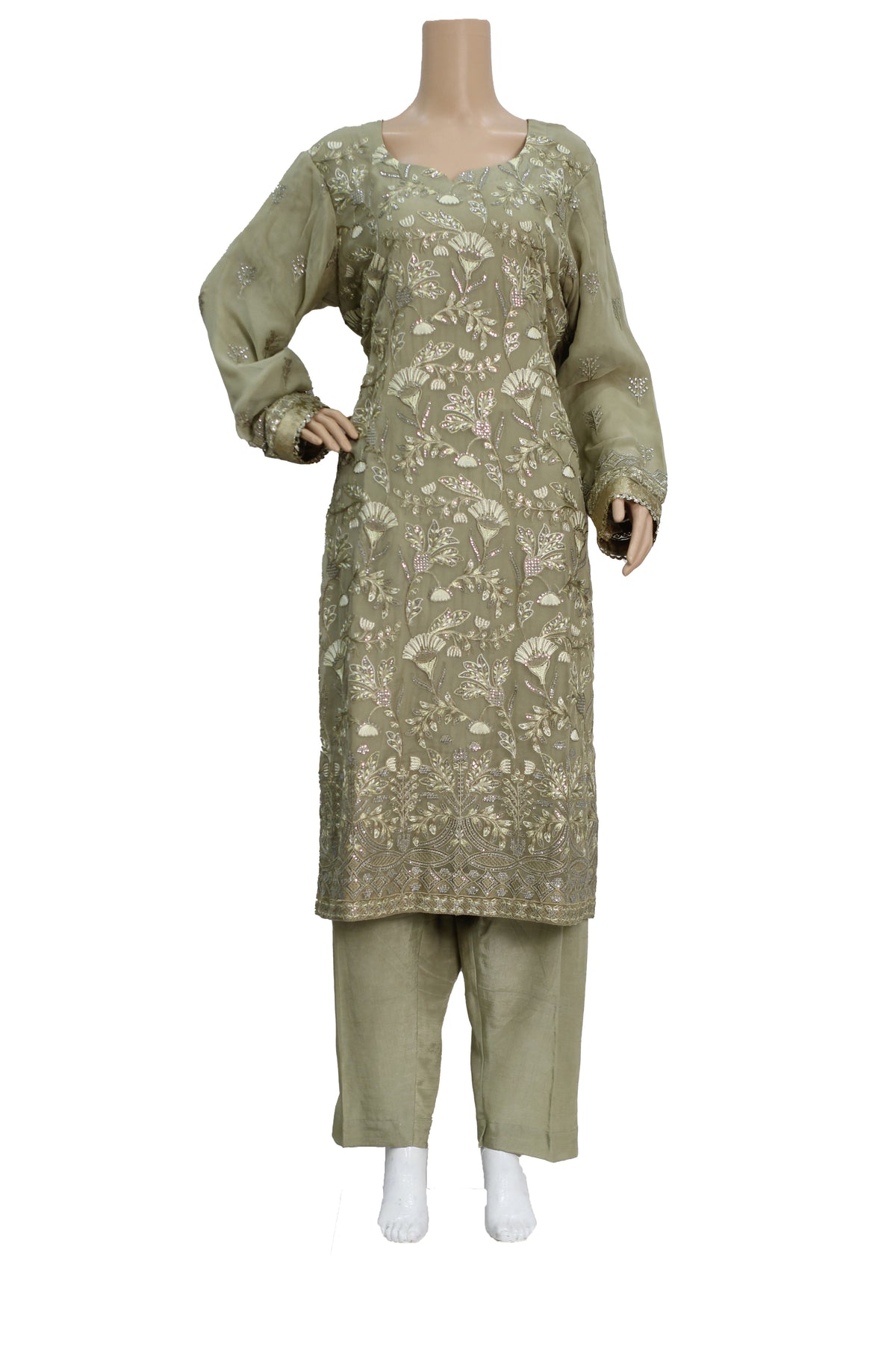 Mehndi Green Embroidered Chiffon 3 Piece Suit with Raw Silk Trouser KF-565