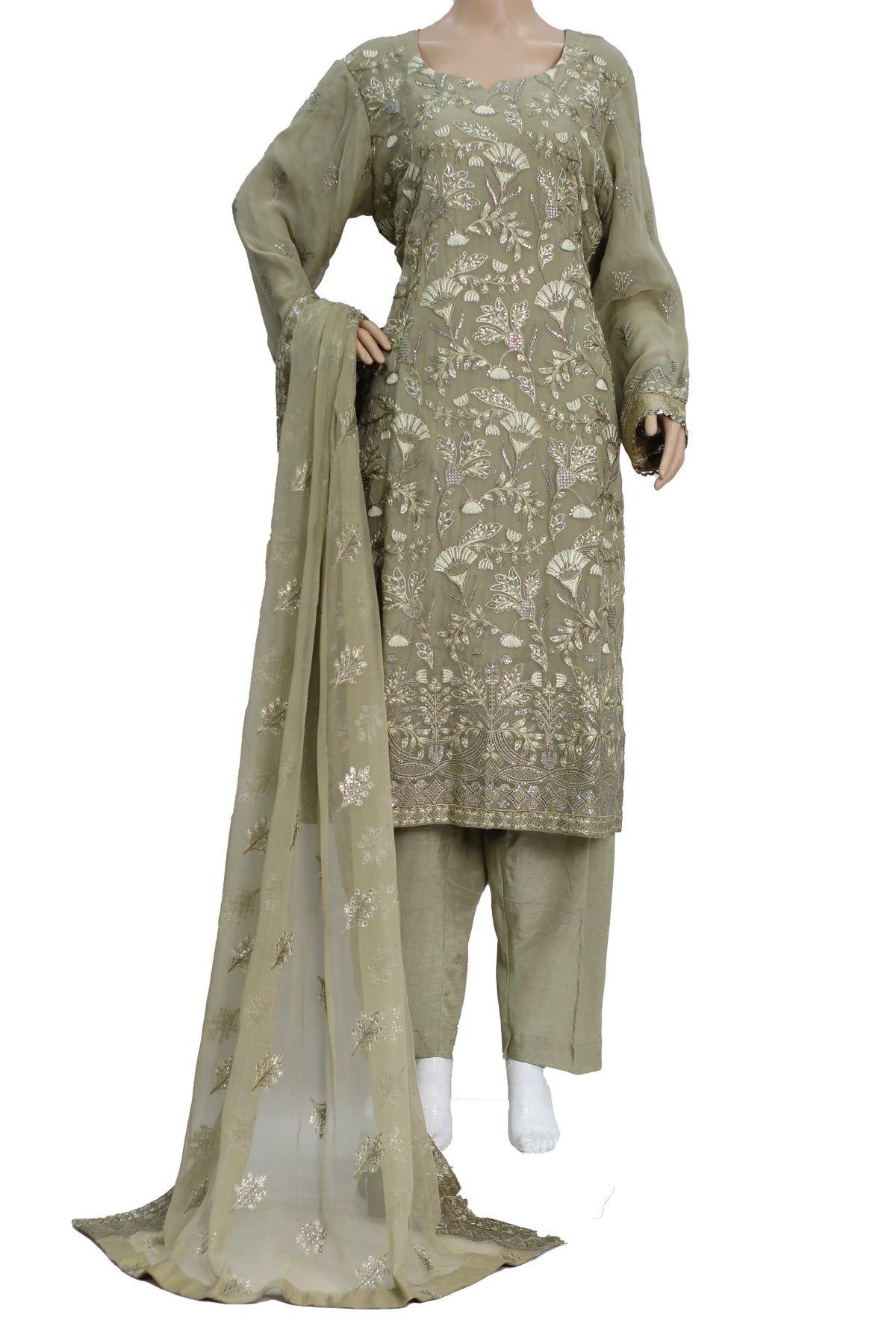 Mehndi Green Embroidered Chiffon 3 Piece Suit with Raw Silk Trouser KF-565