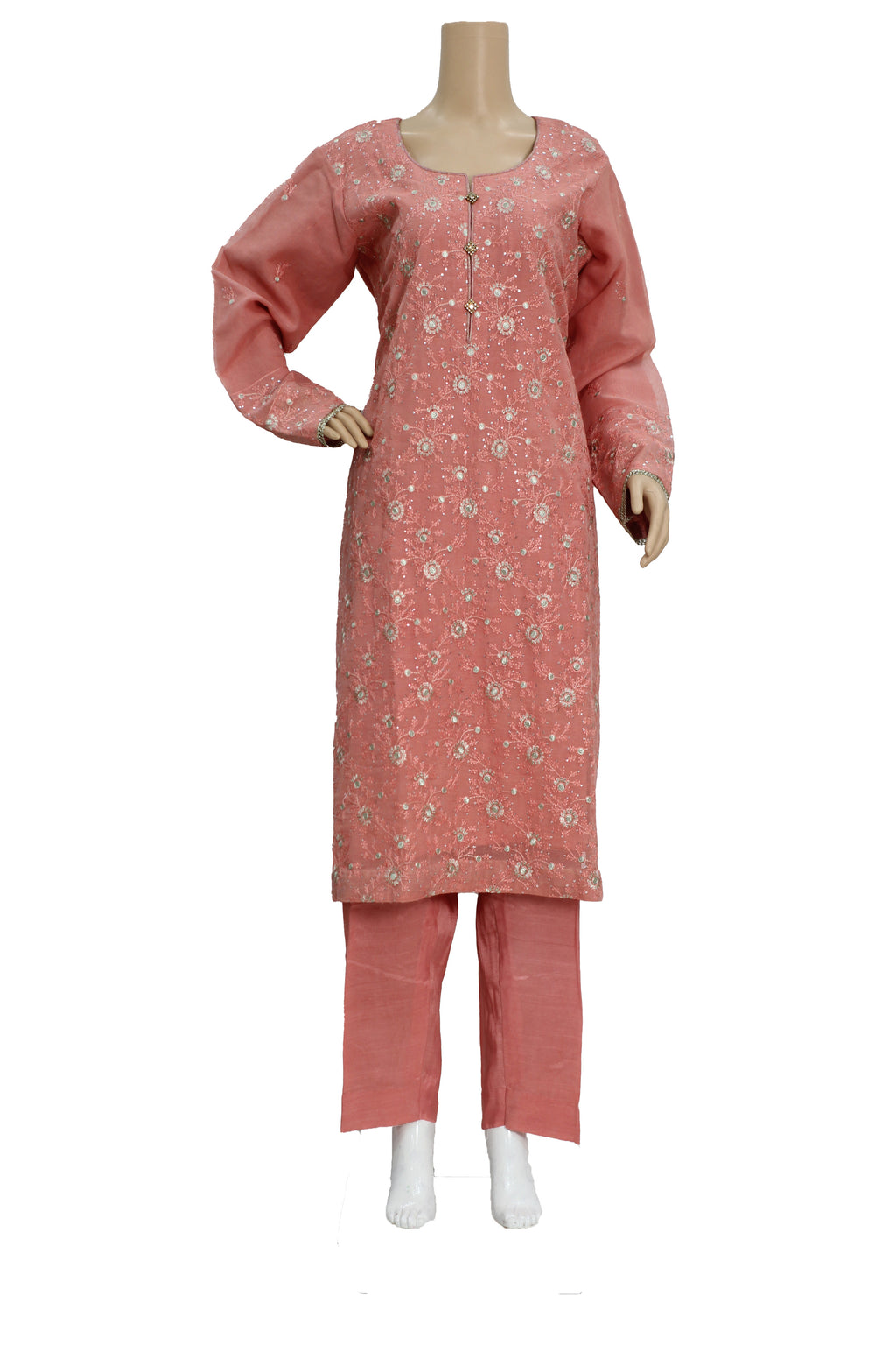 Tea Pink Embroidered Khadi Net 3 Piece Suit with Raw Silk Trouser KF-550