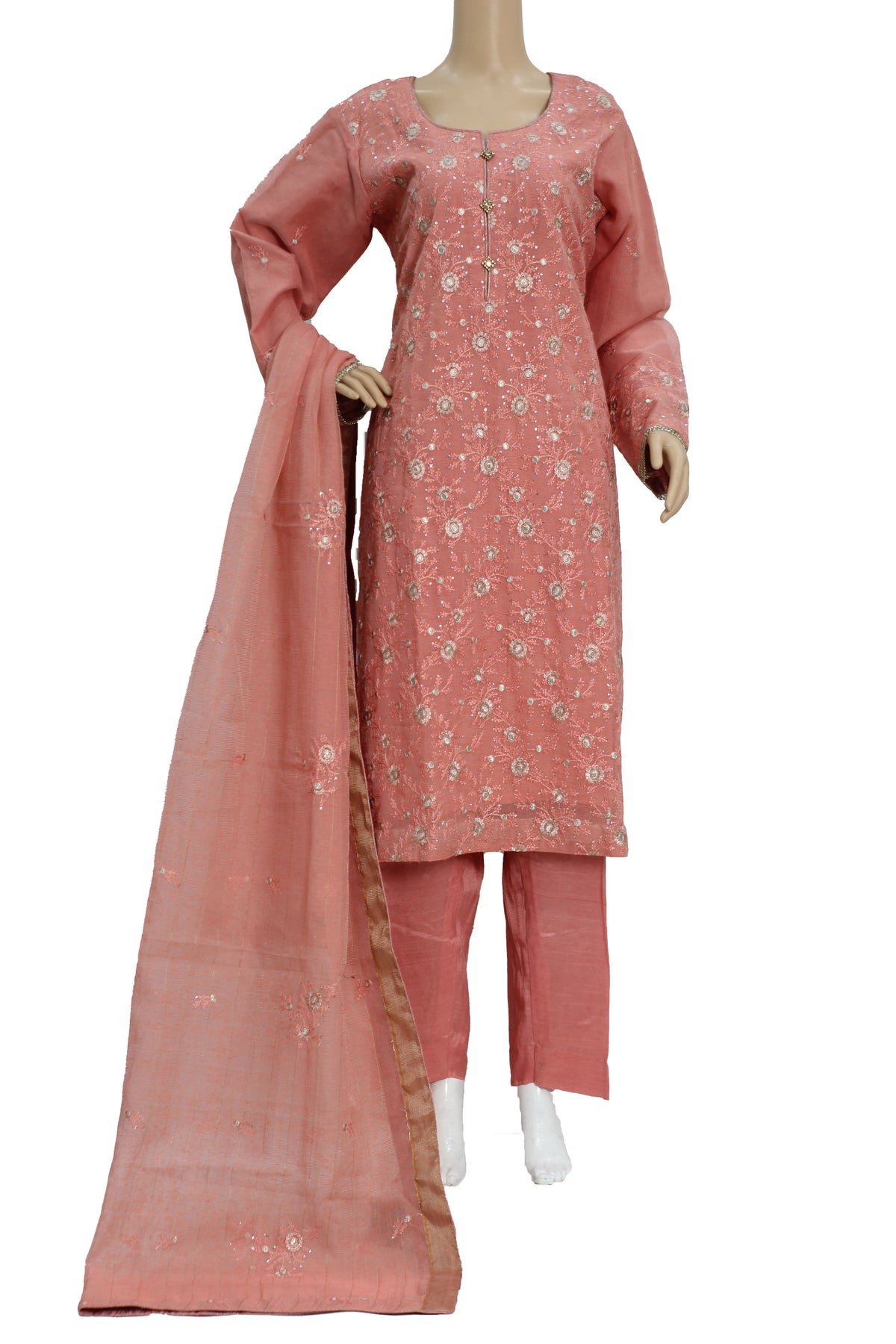 Tea Pink Embroidered Khadi Net 3 Piece Suit with Raw Silk Trouser KF-550