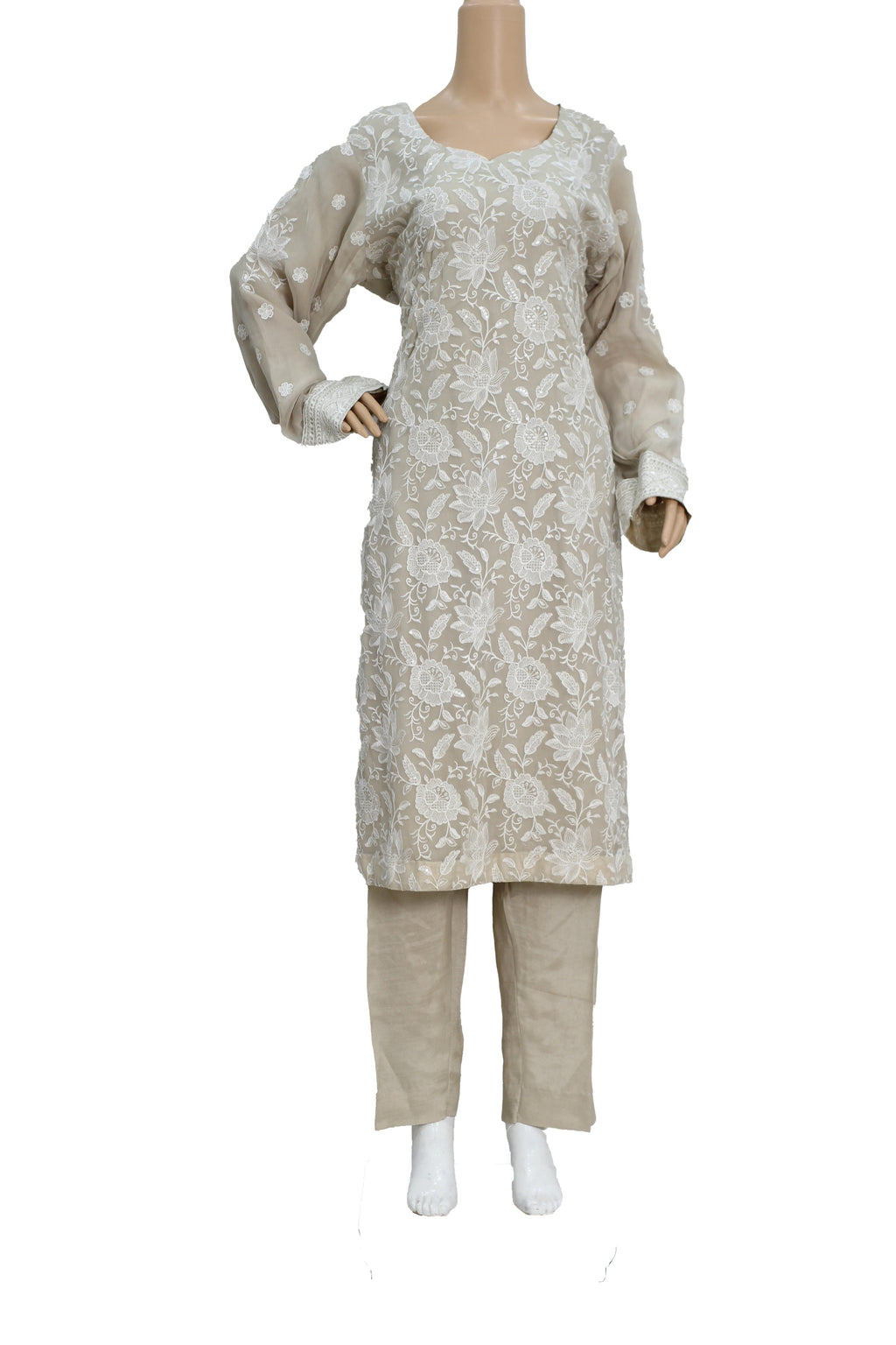 Beige Embroidered Chiffon 3 Piece Suit with Raw Silk Trouser KF-567