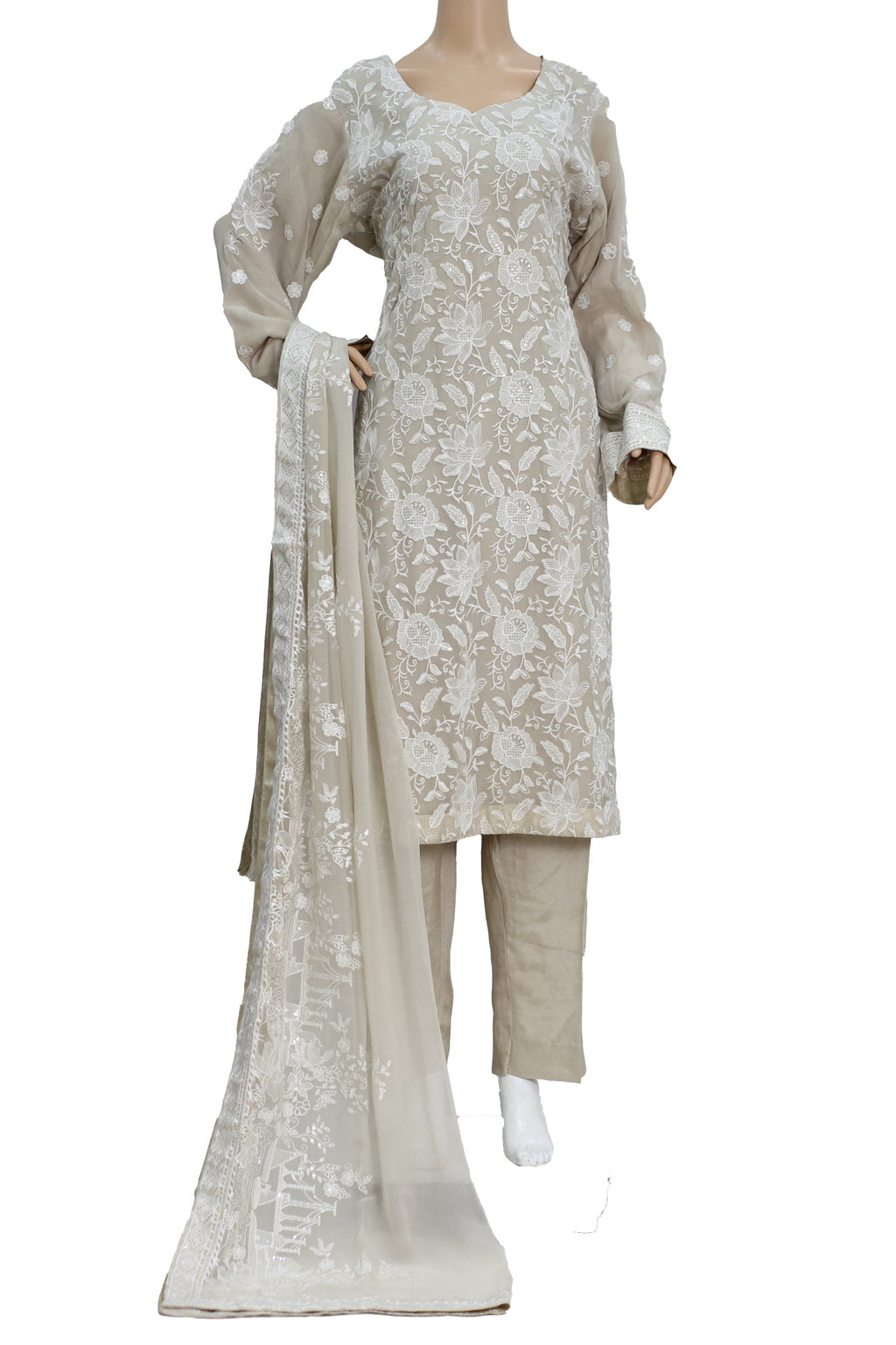 Beige Embroidered Chiffon 3 Piece Suit with Raw Silk Trouser KF-567