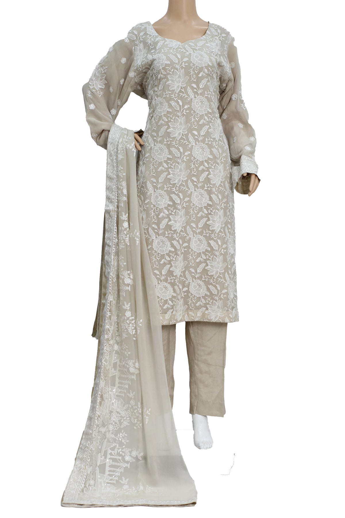 Beige Embroidered Chiffon 3 Piece Suit with Raw Silk Trouser KF-567