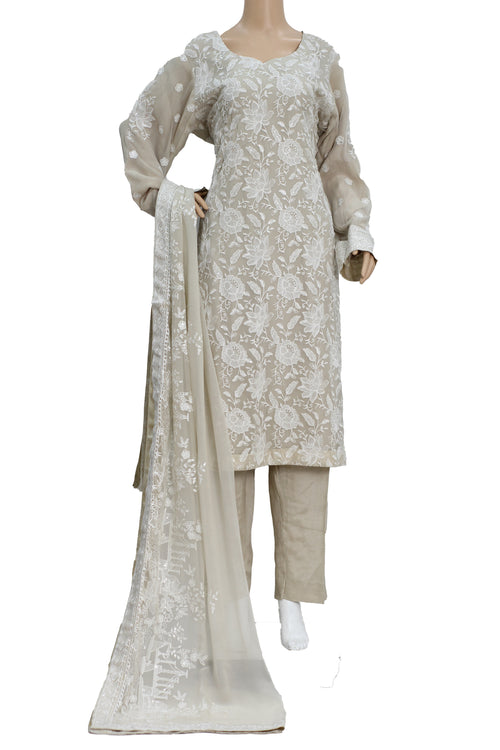 Beige Embroidered Chiffon 3 Piece Suit with Raw Silk Trouser KF-567