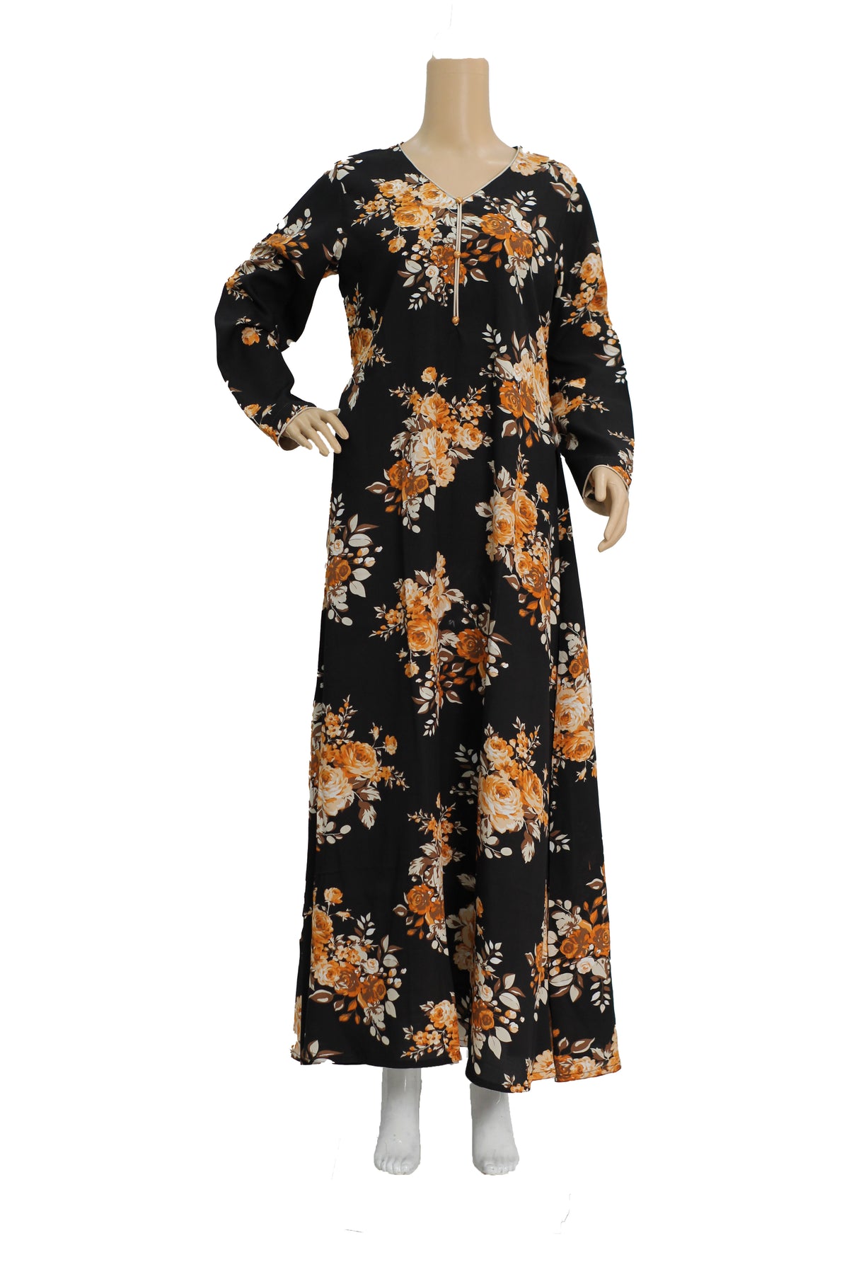 Black and Gold Rose Print Creep Georgette Maxi Dress KF-336