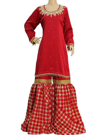 Red Satin Silk Gharara Suit with Hand Work and Leheriya Chiffon Dupatta KF-7487