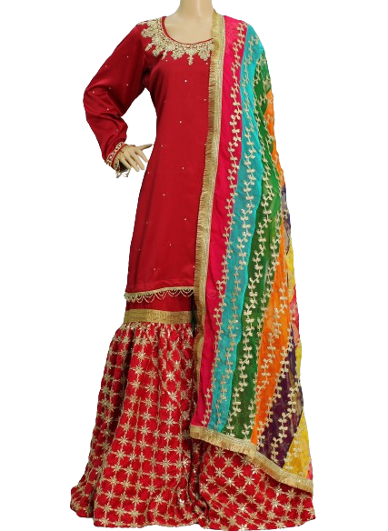 Red Satin Silk Gharara Suit with Hand Work and Leheriya Chiffon Dupatta KF-7487