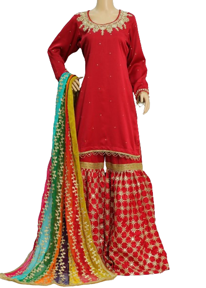 Red Satin Silk Gharara Suit with Hand Work and Leheriya Chiffon Dupatta KF-7487