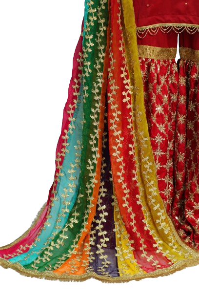 Red Satin Silk Gharara Suit with Hand Work and Leheriya Chiffon Dupatta KF-7487