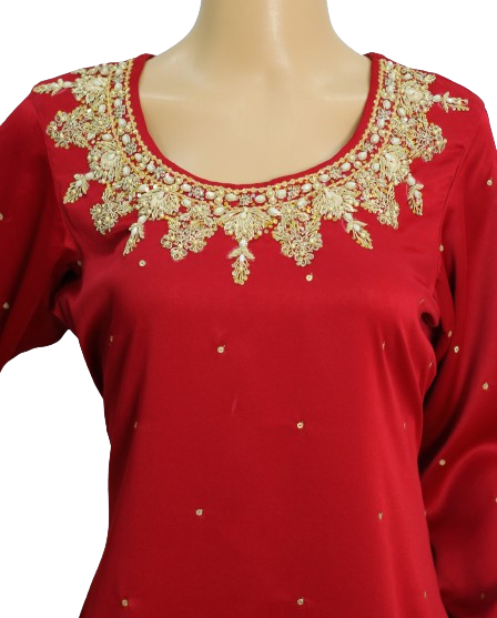 Red Satin Silk Gharara Suit with Hand Work and Leheriya Chiffon Dupatta KF-7487