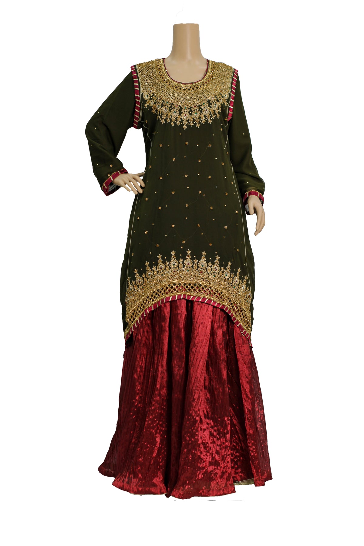 Dark Green Handwork Chiffon Suit with Maroon Crush Palazzo KF-810
