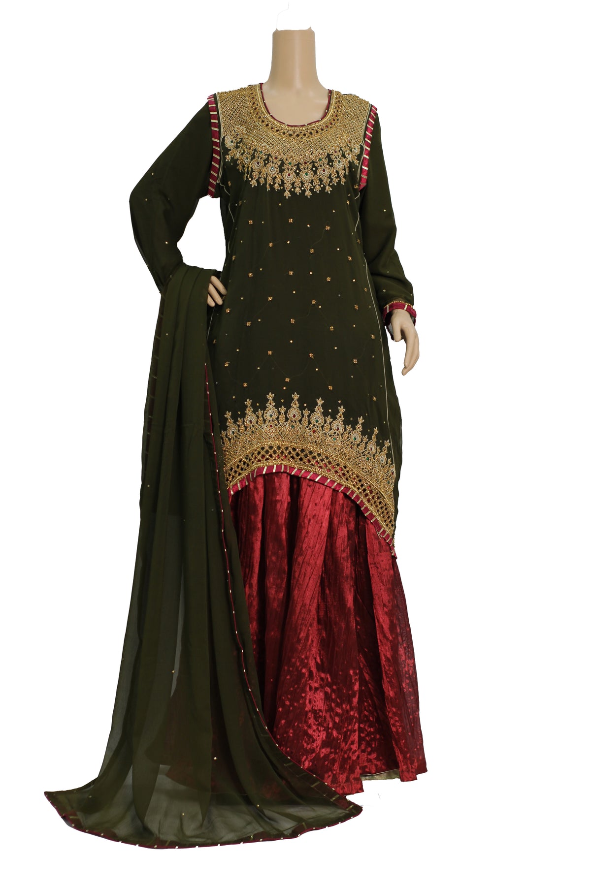 Dark Green Handwork Chiffon Suit with Maroon Crush Palazzo KF-810