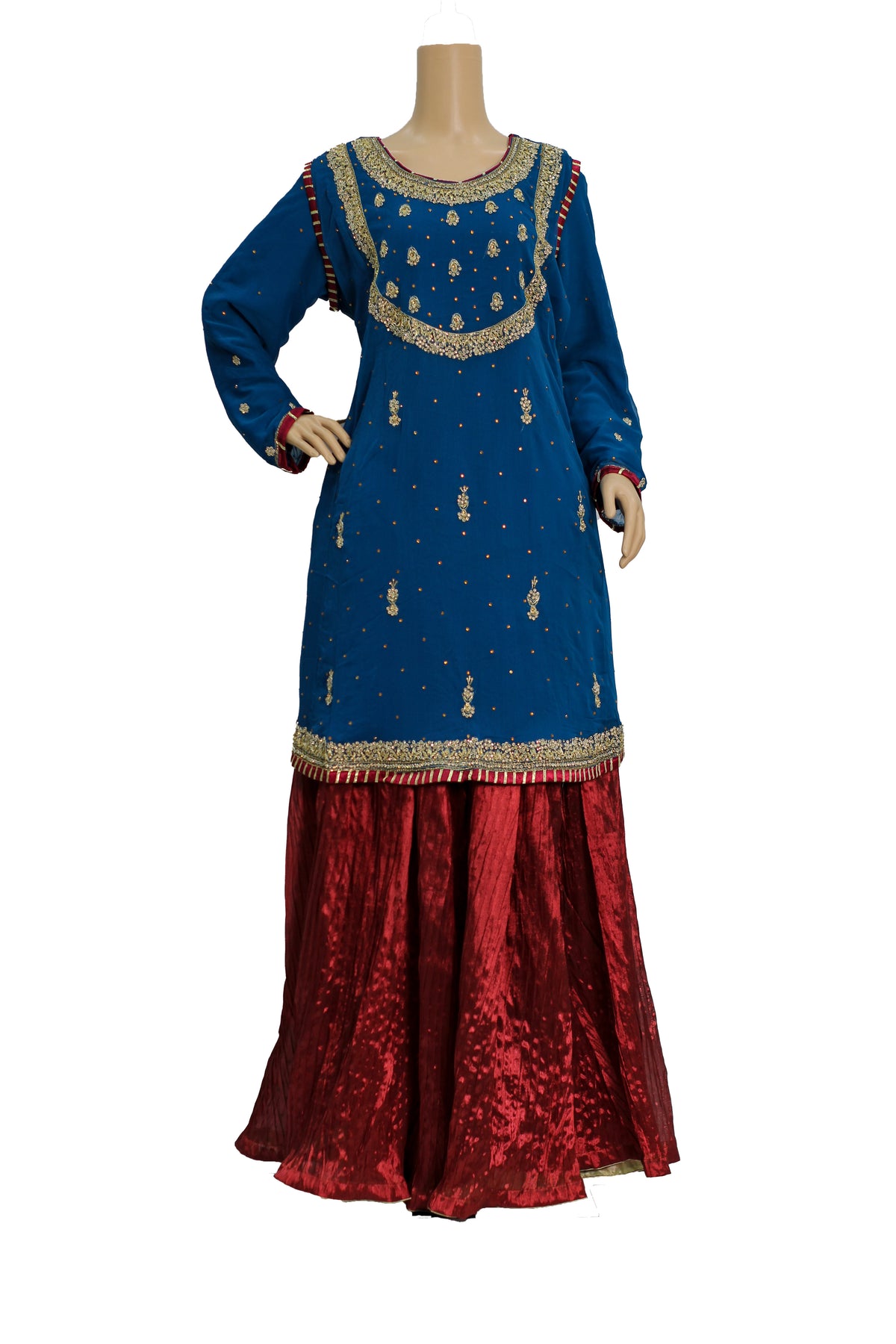 Blue Handwork Chiffon Suit with Maroon Crush Palazzo KF-809