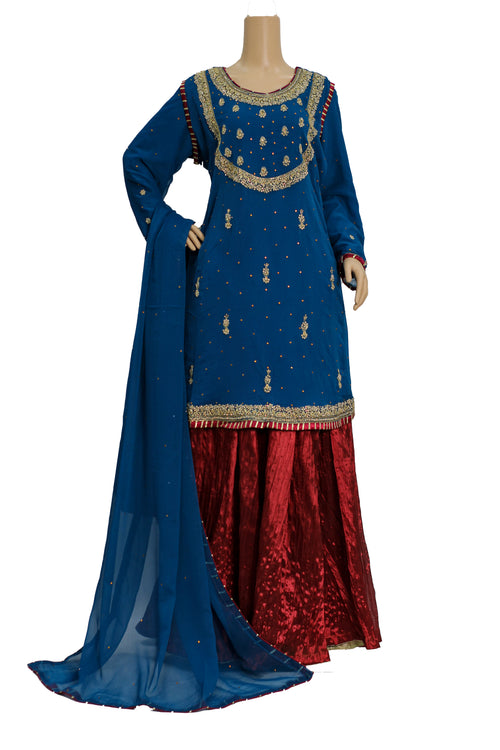 Blue Handwork Chiffon Suit with Maroon Crush Palazzo KF-809