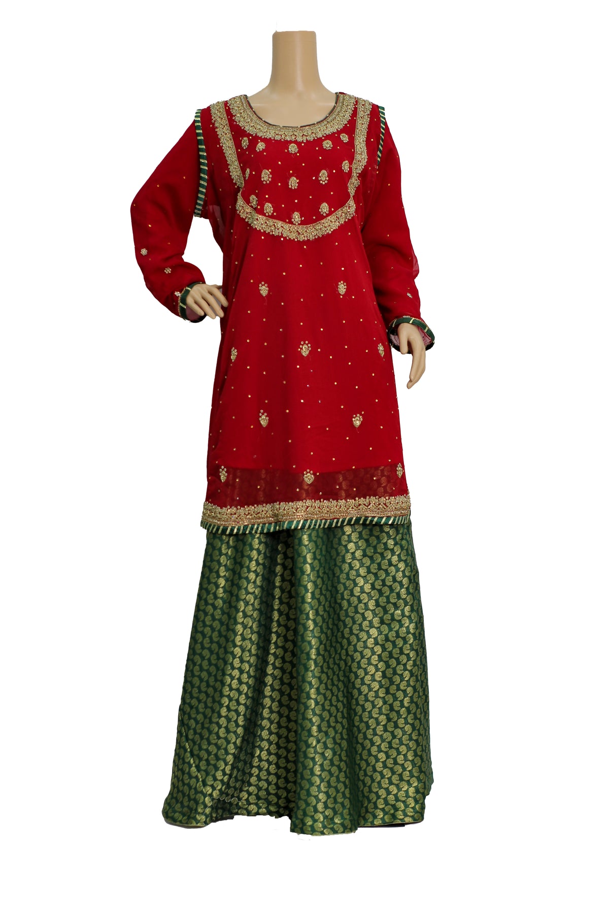 Red Handwork Chiffon Suit with Green Banarsi Jamawar Palazzo KF-808