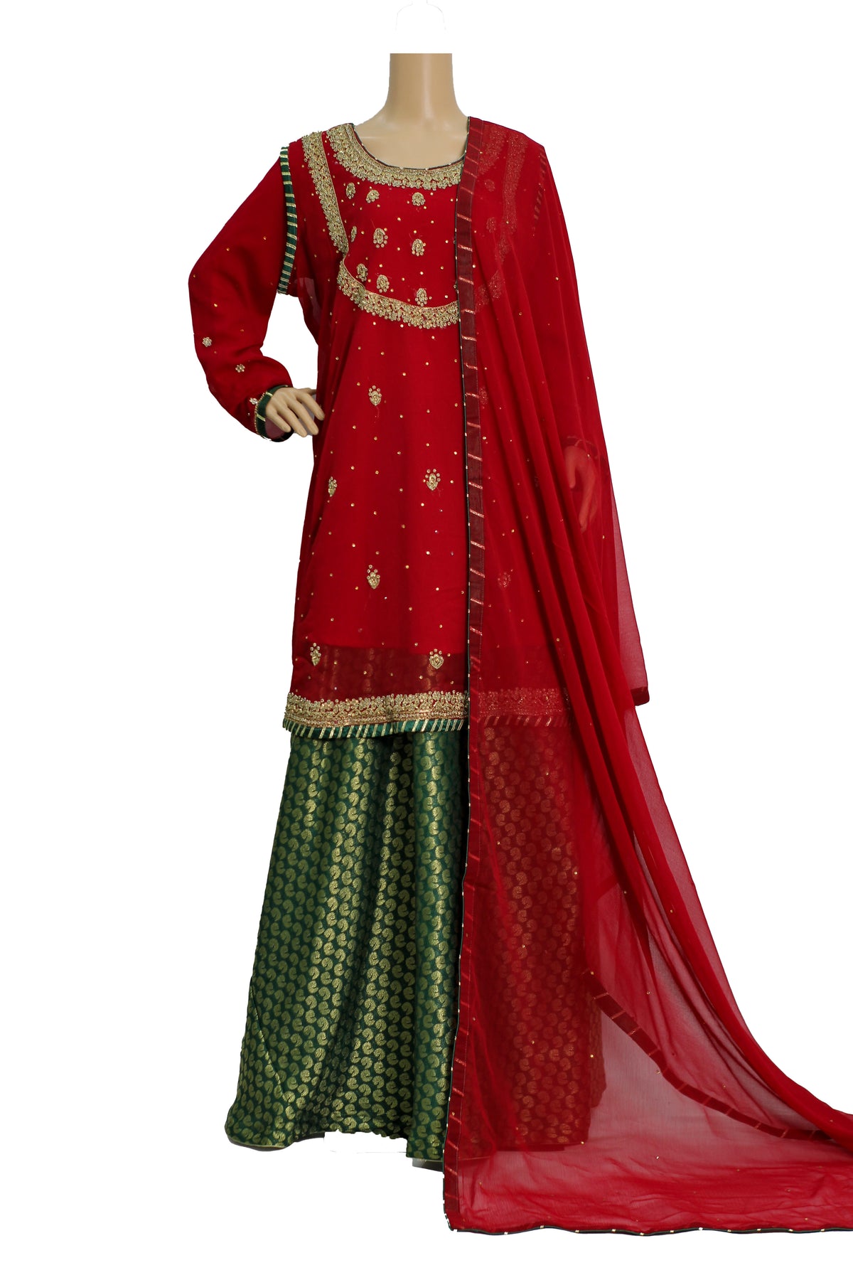Red Handwork Chiffon Suit with Green Banarsi Jamawar Palazzo KF-808