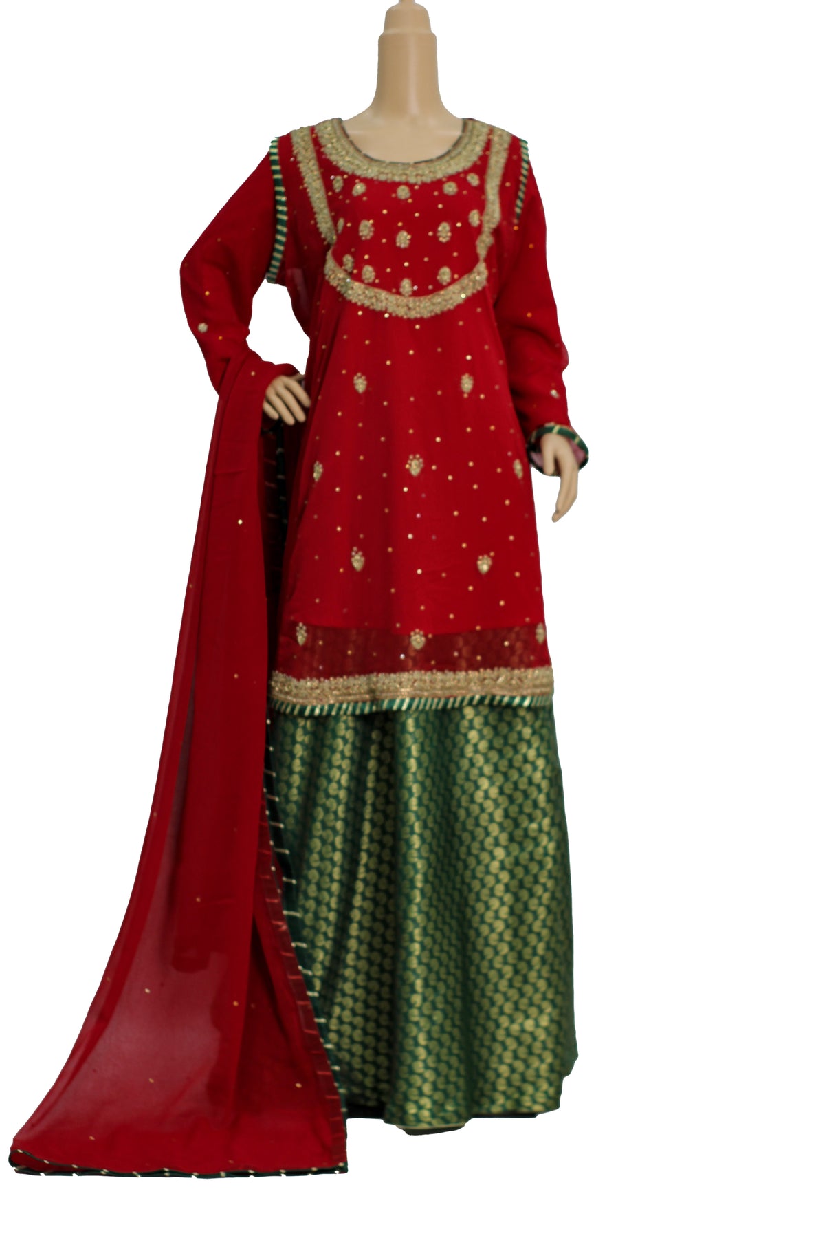 Red Handwork Chiffon Suit with Green Banarsi Jamawar Palazzo KF-808