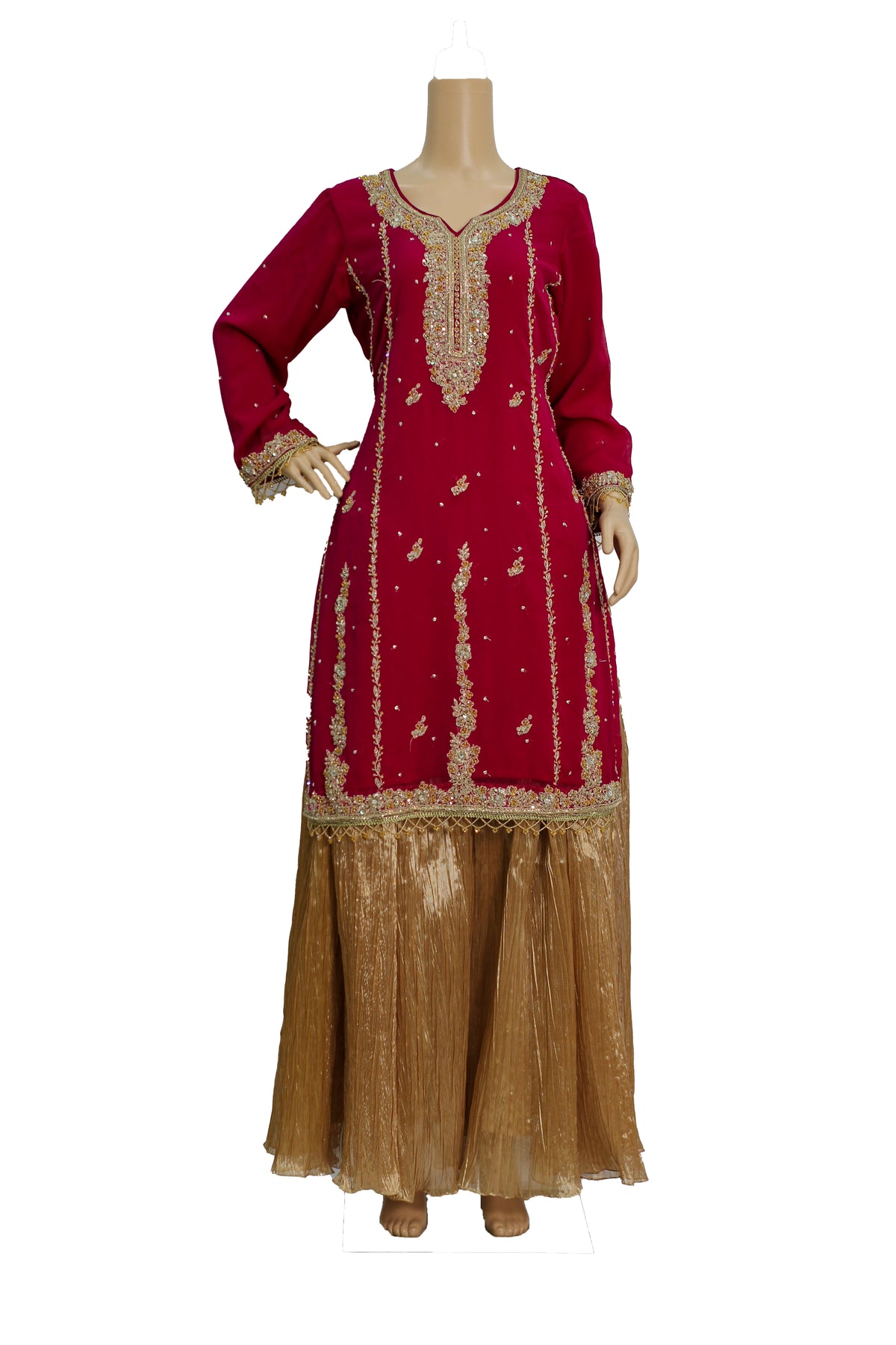 Reddish Pink Handwork Chiffon Suit with Golden Crush Palazzo KF-806