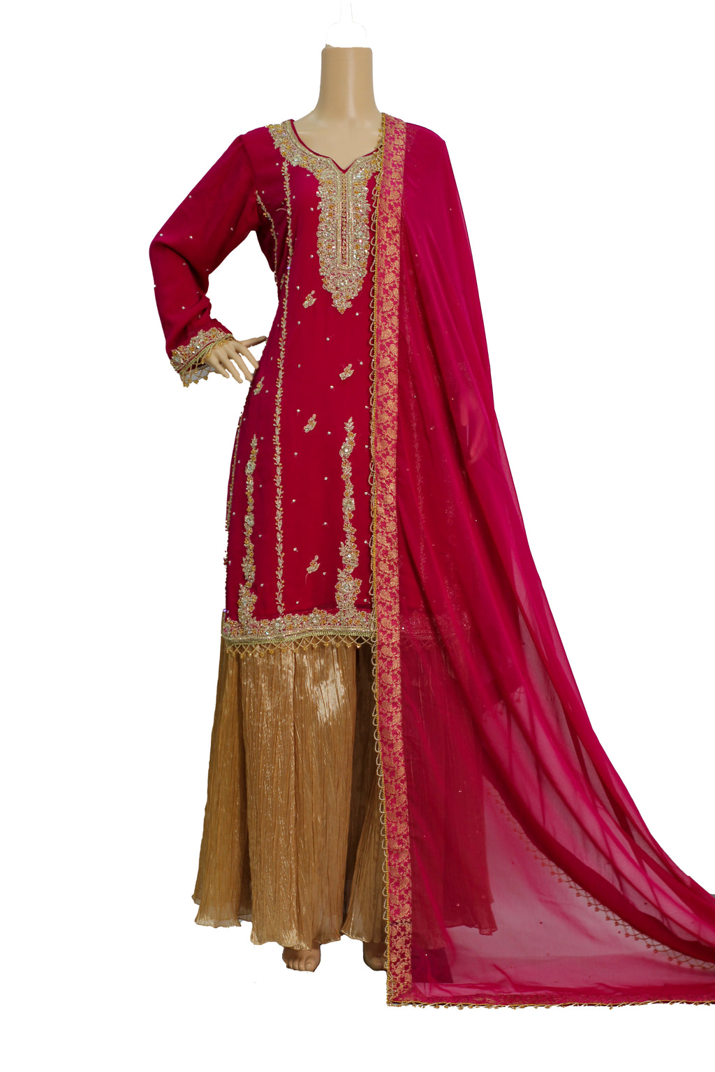 Reddish Pink Handwork Chiffon Suit with Golden Crush Palazzo KF-806