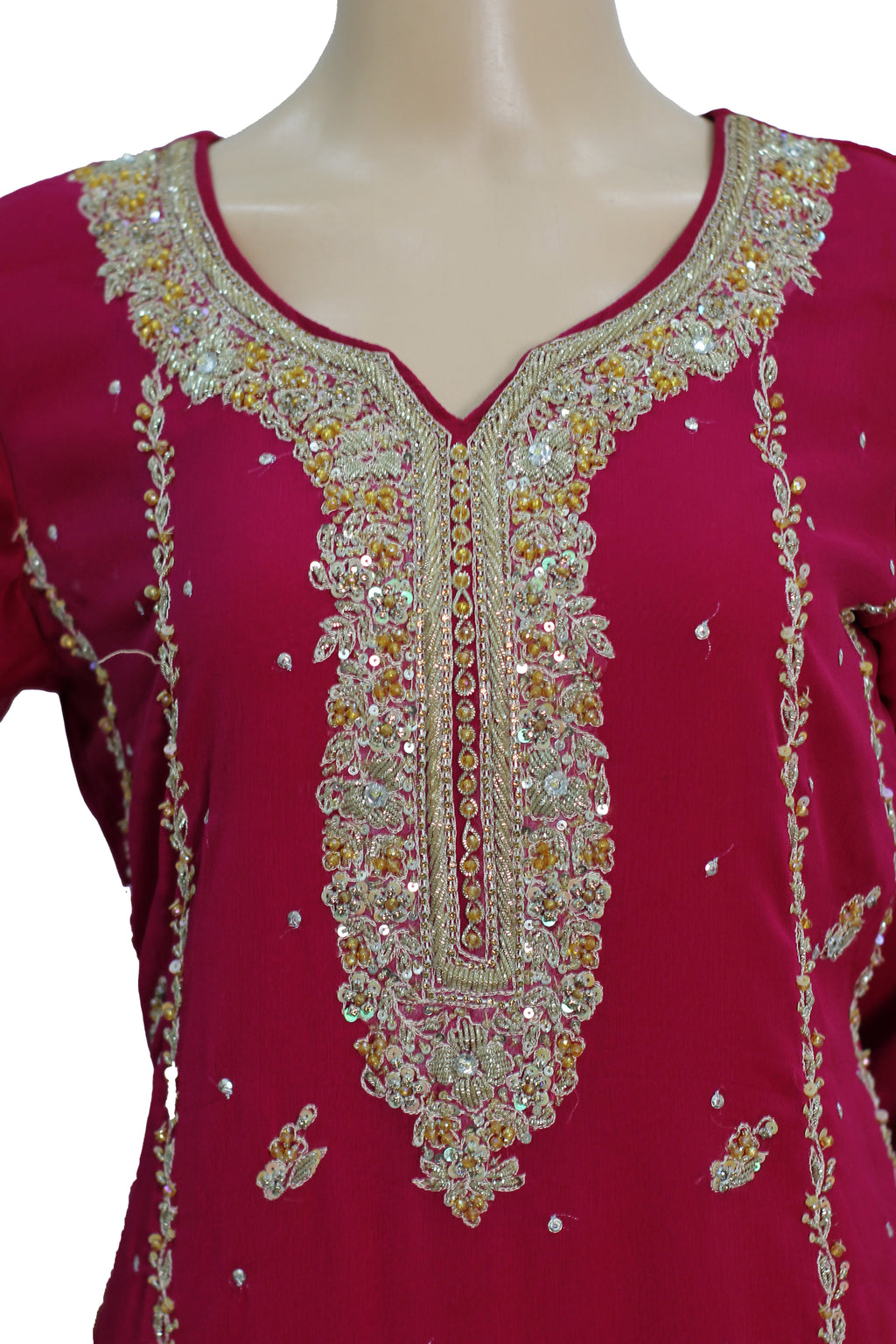 Reddish Pink Handwork Chiffon Suit with Golden Crush Palazzo KF-806