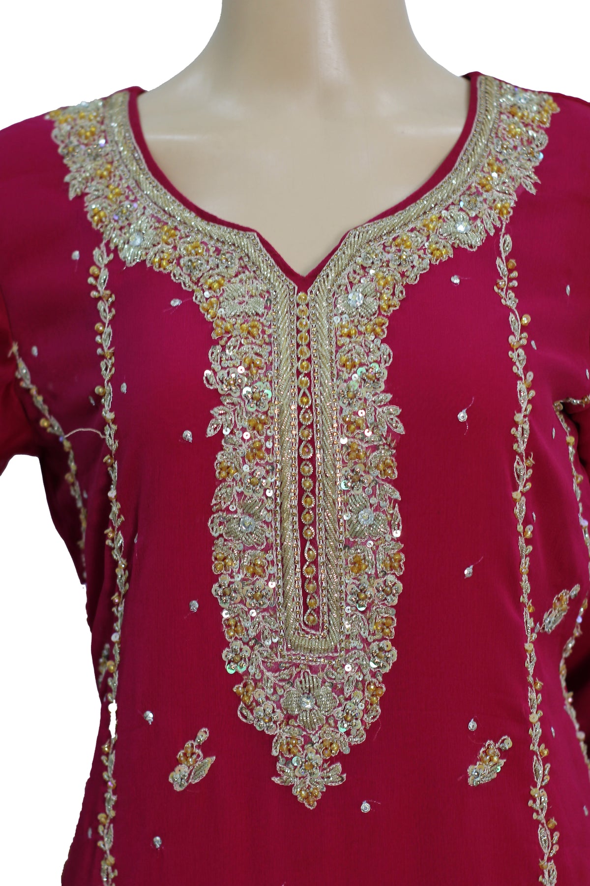 Reddish Pink Handwork Chiffon Suit with Golden Crush Palazzo KF-806