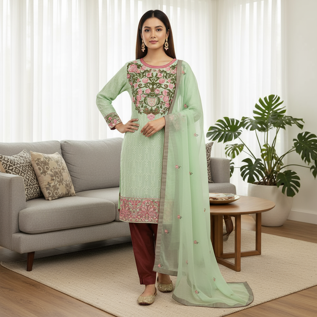 Light Green Embroidered Semi Chiffon Suit with Jamawar Trouser KF-019