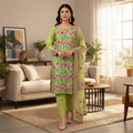 Lime Green Hand Embroidered Indian Chiffon Suit KF-047