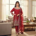 Red Semi Chiffon Suit with Full Thread Embroidery and Net Dupatta KF-050