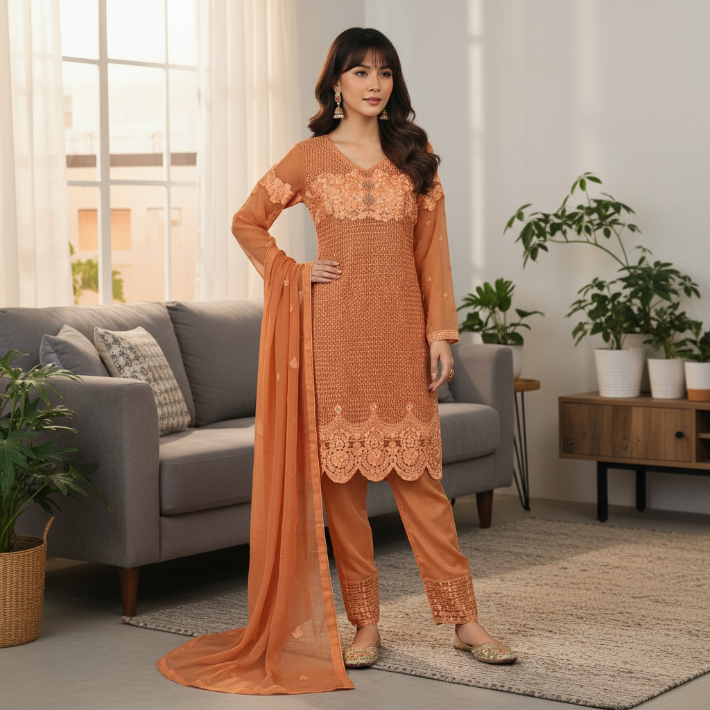 Orange Embroidered Chiffon Suit with Lace Trimmed Viscose Trouser KF-057