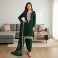 Dark Green Semi Chiffon Party Suit with Viscose Silk Trouser KF-076