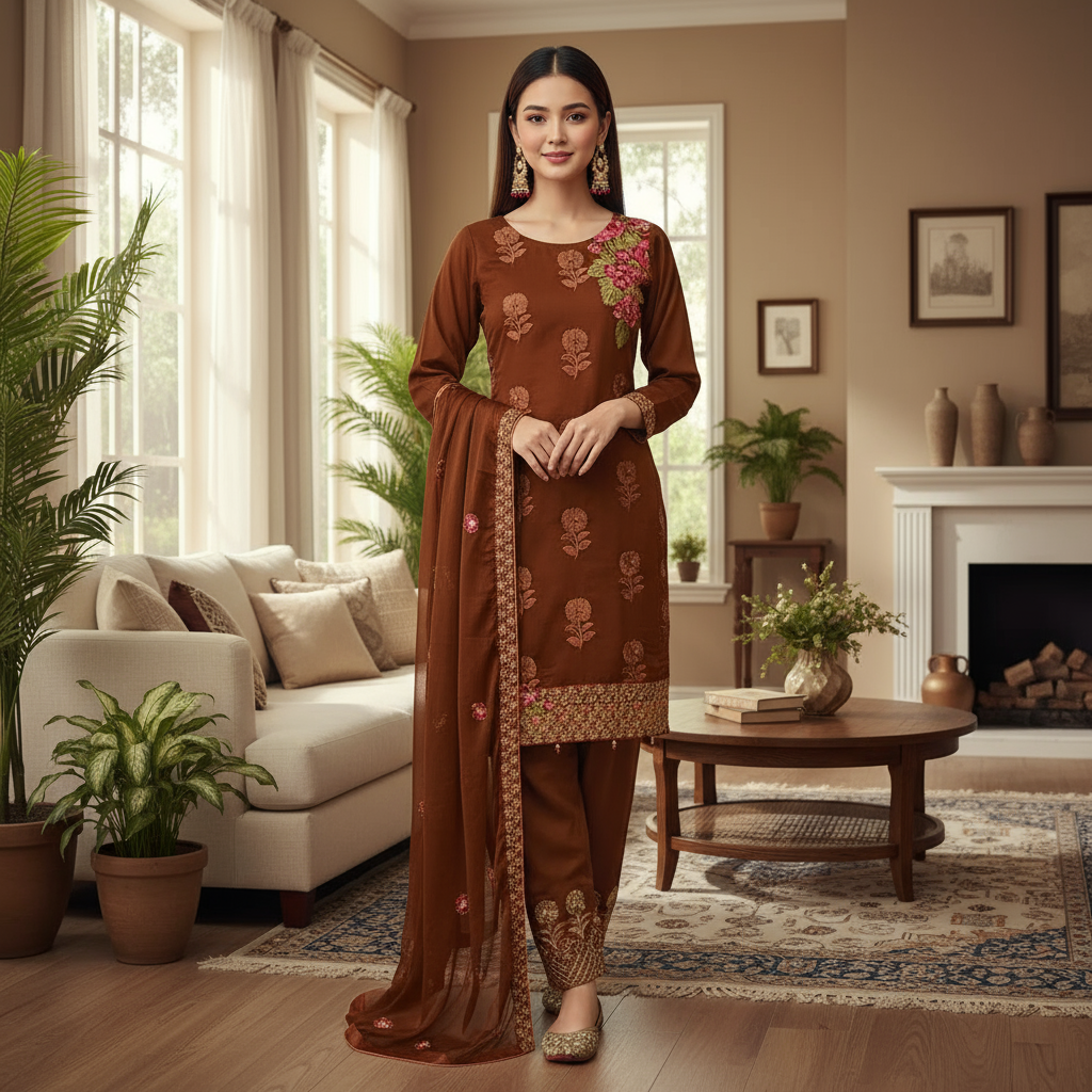 Tawakkal Brown Embroidered Chiffon Suit with Stone Work and Viscose Trouser KF-105