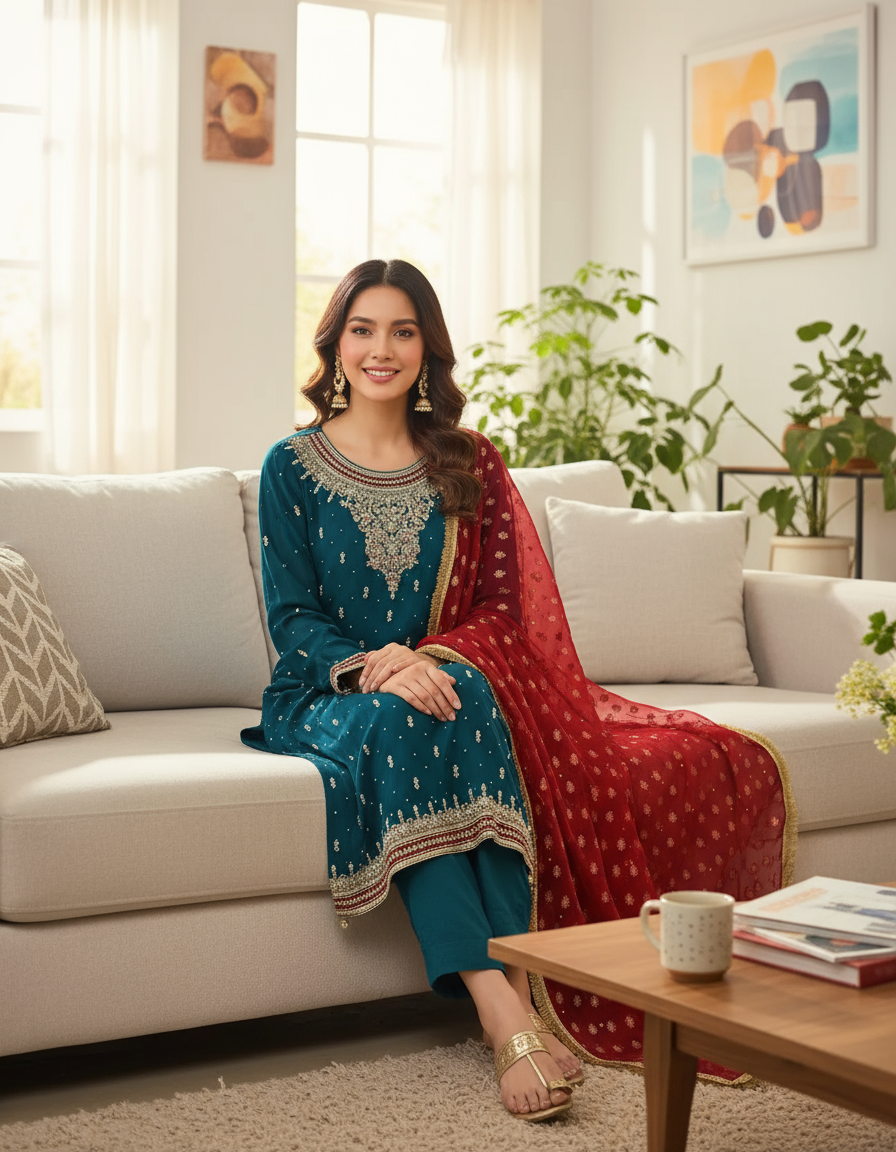 Dark Green Hand Work Chiffon Suit with Red Dupatta and Raw Silk Trouser KF-27184
