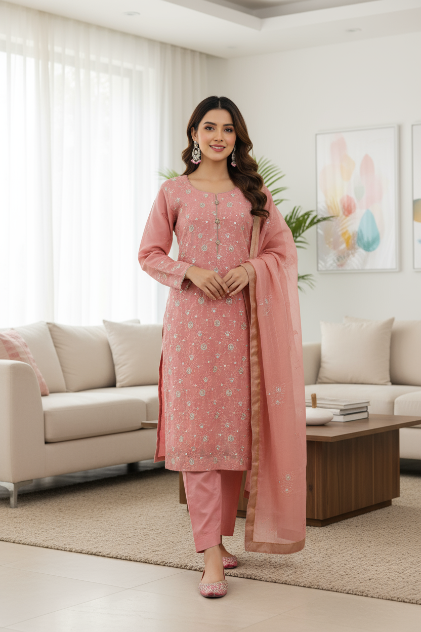 Tea Pink Embroidered Khadi Net 3 Piece Suit with Raw Silk Trouser KF-550