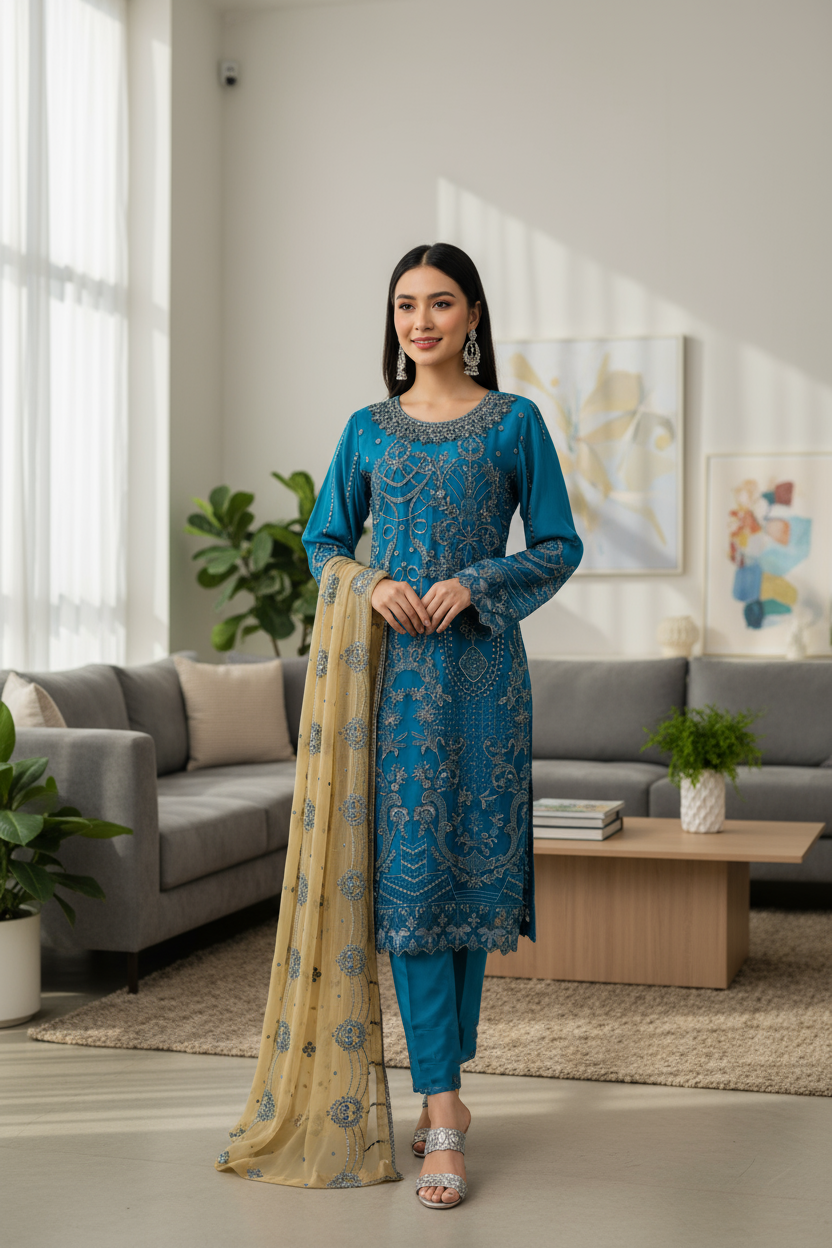 Teal Blue Embroidered Chiffon Suit with Gold Dupatta and Raw Silk Trouser KF-554