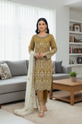 Golden Embroidered Chiffon Suit with Ivory Dupatta and Raw Silk Trouser KF-555