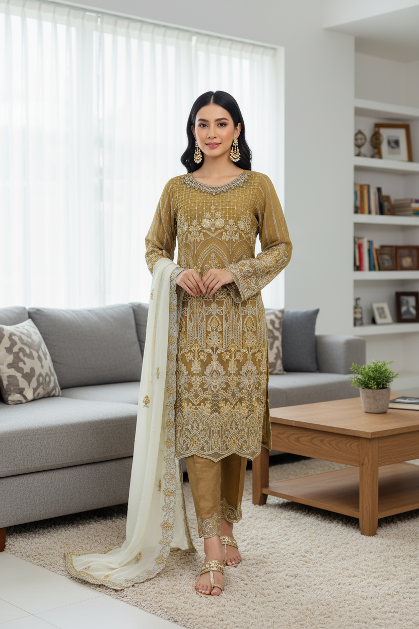 Golden Embroidered Chiffon Suit with Ivory Dupatta and Raw Silk Trouser KF-555
