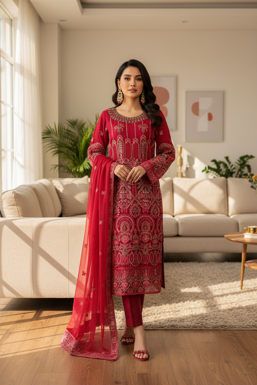 Shocking Pink Embroidered Chiffon 3 Piece Suit with Raw Silk Trouser KF-556