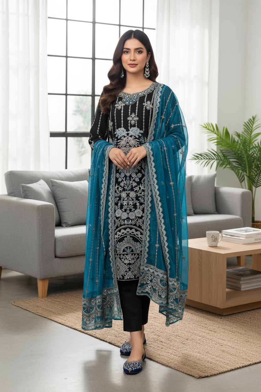 Black Embroidered Chiffon Suit with Teal Dupatta and Raw Silk Trouser KF-558