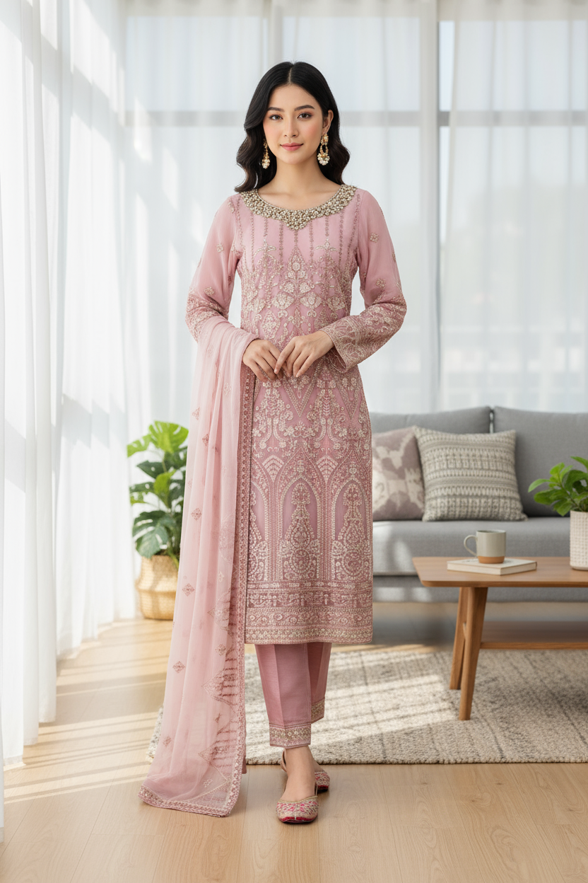 Dusty Pink Embroidered Chiffon 3 Piece Suit with Raw Silk Trouser KF-559